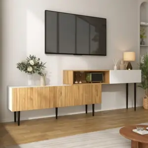 MODENVIE Meuble TV Moderne avec LED Intégrée Portes et Tiroirs - Meuble Bas 170 x 30 x 39 cm Blanc Brillant pas cher