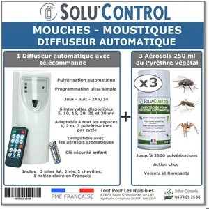 TOUT POUR LES NUISIBLES Kit Diffuseur Automatique avec Télécommande + 3 Aérosols Insecticide au Pyrèthre Végétal 250 ml - Anti-Mouches & Anti-Moustiques pas cher