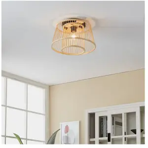 Comparateur de prix : EGLO Hykeham Plafondlamp - E27 - Ø 38 cm - Staal|Bamboe - Zwart|Bruin