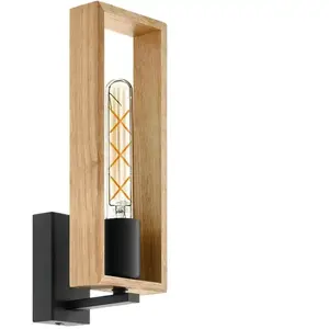 EGLO Lampe murale LITTLETON, applique murale vintage à flamme au design industriel, lampe rétro en acier et en bois, noir, marron, certifié FSC, douille E27Vendu parbol