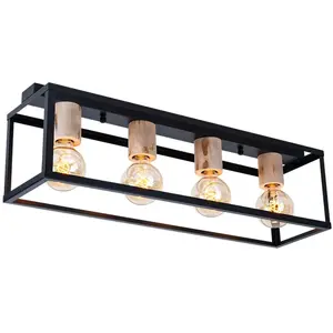 Comparateur de prix : Plafonnier Vintage Noir Salon Salle à Manger Éclairage Bois Décor Luminaire Globo 15476-4D