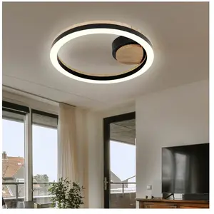 Globo Plafonnier plafonnier LED lampe de salon lampe de couloir, métal noir aspect bois MDF plastique opale, 12W 600Lm 3000K blanc chaud, D 30 cm pas cher