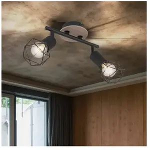 Globo Spot plafond, plafonnier, noir, luminaire salon, barre spot bois, 2 flammes orientables, métal mat, 2x E14, LxlxH 22x10x18 cm pas cher