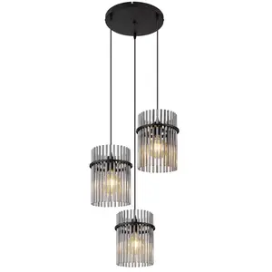 Globo Suspension, suspension, lampe de salle à manger, lampe de salon, plafonnier, tiges de verre en métal, couleur fumée noire, 3 ampoules E27, h 140 cm pas cher