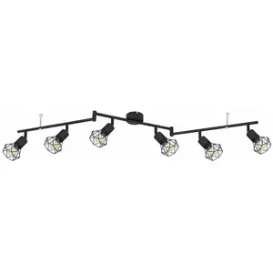 Comparateur de prix : Globo Plafonnier spot plafond rétro 6 flammes barre spot métal noir, spots orientables, grillage métal noir, 6x douilles E14, LxH 120 x 22 cm