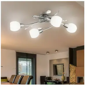 Globo Plafonnier plafonnier lampe de salon spot lampe spot, 4 ampoules, feuilles décoratives verre opale chrome, douilles E14, Lxl 70x25cm pas cher