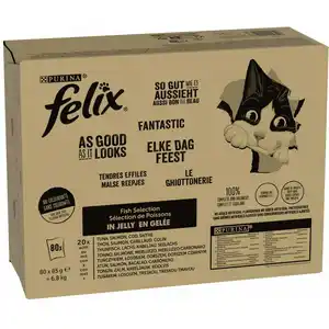 80x85g Mégapack Felix Tendres Effilés thon, saumon, cabillaud, colin - Pâtée pour chat pas cher