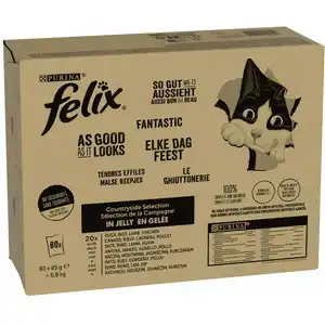 Jumbopack Felix Tendres effilés 80 x 85 g pour chat - boeuf, poulet, canard, agneau pas cher