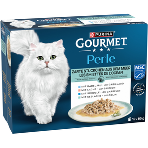 12x85g Gourmet Perle tendres morceaux de la mer en sauce (4 variétés) Pâtée pour chat pas cher