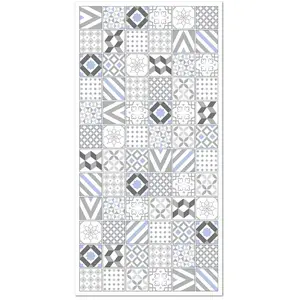 Tapis Vinyle Panorama Carreaux Ciments Love Gris et Bleu 80x250 cm - Tapis pour Cuisine Bureau et Salon en PVC