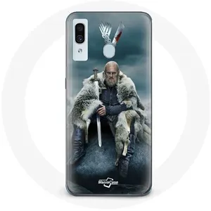 Coque pour Samsung Galaxy A20e Vikings Série Saison 6 Ragnar Lothbrok logo V Epée Gris Fond Brouillard Maniacase pas cher