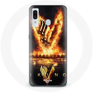 Coque pour Samsung Galaxy A20 Vikings Série Saison 6 logo V Epée de Feu Fond Noir Maniacase
