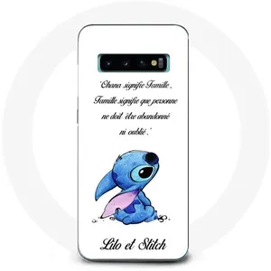 MANIACASE Coque pour Samsung Galaxy s10 plus Lilo et Stitch Ohana Citation Blanc pas cher