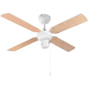 PrimeMatik - Ventilateur de plafond réversible blanc/bois avec commande 3 vitesses 50 W avec fonction hiver et été pas cher