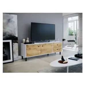 RUSTICAE Meuble TV vintage mélaminé blanc et décor chêne mat - L 160 cm pas cher