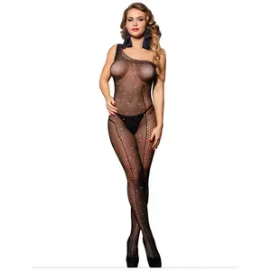 Subblime - 952037 One Shoulder Fishnet Bodystocking With Diamonds Black One Size