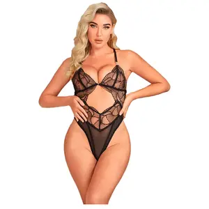 Subblime - 955212 Transparant Bodysuit With Black Hollow Lace S/M