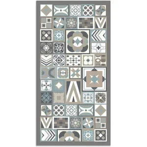 Tapis Vinyle Panorama Style Carreaux Ciments Bleu 80x150 cm - Tapis pour Cuisine, Bureau et Salon en PVC