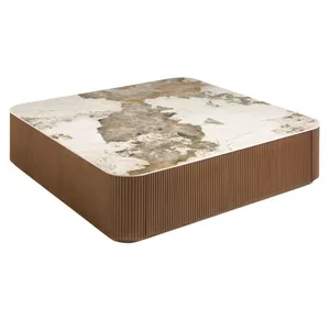 Table Basse Carrée En Porcelaine, Marbre Et Noyer pas cher