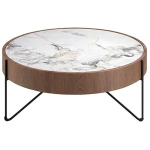 Table basse ronde en marbre porcelaine noyer et acier noir 2138 ANGEL CERDA