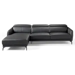 Ángel Cerdá - Canapé chaise longue gauche 3 places - Revêtement en cuir de vachette noir - Design moderne avec appuie-tête réglables - 283 x 174 x 75/94 cm