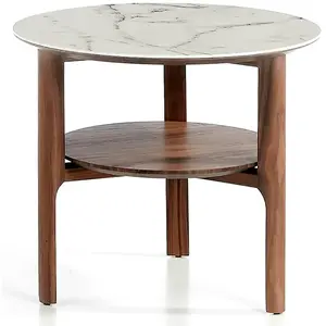 Table dappoint bois noyer et plateau en marbre céramique blanc Mykal pas cher