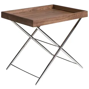 Ángel Cerdá - Table d’appoint avec plateau en bois de noyer et base en acier chromé - Table auxiliaire moderne pour salon, chambre ou coin lecture - Style sophistiqué - 48 x 61 x 51 cm