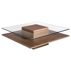 Table basse carrée bois plaqué noyer et verre trempé Koza - AC ANGEL CERDÁ - Salon - Contemporain - Design