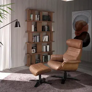 Pouf Ottoman Pivotant 52x42x39 cm en Cuir Bovin Sable 1 mm avec Structure en Bois Plaqué Noyer 0,5 mm et Base en Acier Massif Gris Anthracite   Ángel Cerdá S.L