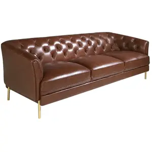 Ángel Cerdá - Canapé 3 places - Cuir cognac capitonné, design moderne, structure en bois, pieds en acier inoxydable doré, pour salon, 233 x 94 x 75 cm pas cher