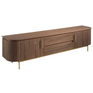 Meuble TV - ANGEL CERDA - 2 portes et 2 tiroirs - Bois de noyer et piètement acier doré - Marron - L 220 x P 45 x H 55 cm pas cher