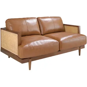 Ángel Cerdá - Canapé 2 places en cuir marron - Avant-gardiste, élégant et confortable, avec détails en rotin pour le salon - 164 x 96 x 83 cm pas cher