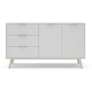 CALICOSY Buffet 2 portes, 3 tiroirs blanc et pin massif - L140 cm - 140 cm X 40 cm X 81 cm - CAMPUSVendu parcdiscount