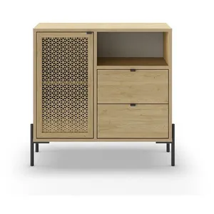 CALICOSY Petit buffet 1 porte, 1 niche, 2 tiroirs décor chêne et pieds métal - 80 cm X 40 cm X 80 cm - INCA pas cher