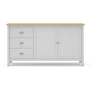 CALICOSY Buffet 2 portes, 3 tiroirs en pin massif blanc et plateau chêne - 150 cm X 40 cm X 80.5 cm - MISTIVendu parcdiscount