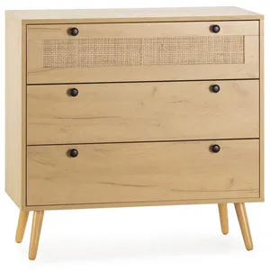 VS VENTA-STOCK Commode nuit Bella 3 tiroirs couleur chêne avec rotin naturel pas cher