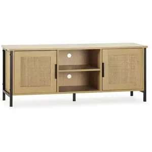VS VENTA-STOCK Meuble tv Cruz 2 portes couleur chêne avec rotin naturel, 120 cm pas cher