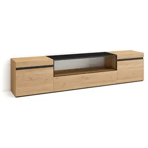 SKRAUT HOME Meuble TV, Banc Télé, Grand espace de Rangement, 200x35x45cm, Pour les TV jusqu'à 80", Chêne et noir, RF2148