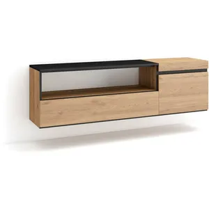 Meuble tv, Banc Télé, Grand espace de Rangement, 150x45x35cm, Pour les tv jusqu'à 65', Suspendu, Mural, Style moderne, Chêne et noir - Skraut Home pas cher