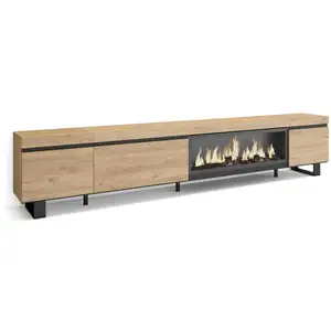 SKRAUT HOME Meuble TV, Banc Télé, 288x35x57 cm, TV grand format, Cheminée électrique XXL, Design industriel, Chêne, RF3624 pas cher