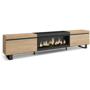 SKRAUT HOME Meuble TV, Banc Télé, 267x35x57 cm, TV grand format, Cheminée électrique XXL, Design industriel, Chêne et noir, RF3603 pas cher