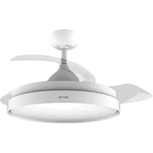 EVVO Ventilateur de plafond avec pales rétractables et lumière, Ø107 cm, 3 pales, moteur DC 40 W, 6 vitesses, minuterie jusqu'à 4 h, fonction hiver-été, protection IP44 (modèle : V450 Invisible White)Vendu partechinn