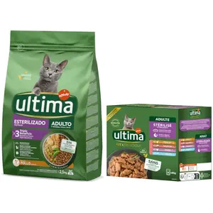 2.5kg Stérilisé, poulet, orge Ultima Croquettes pour chat + 8x85g sachets offerts ! pas cher