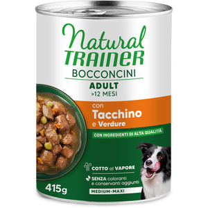 415g Natural Trainer Bocconcini Adult Medium & Maxi Chunks nourriture pour chien à la dinde humide pas cher