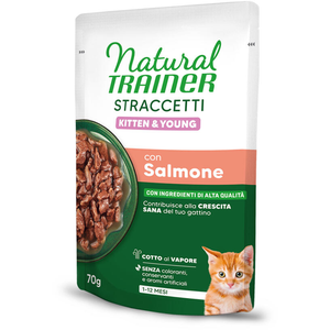 Natural Trainer Straccetti Kitten & Young bandes en sauce saumon nourriture pour chats humide pas cher