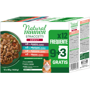 12x85g Natural Trainer Lanières en sauce lot mixte (canard, cabillaud, saumon, boeuf) nourriture humide pour chat pas cher