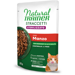 24x 85g Natural Trainer Stracceti Adult Sterilised bandes en sauce boeuf nourriture pour chats humide pas cher