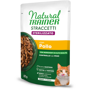 24x 85g Natural Trainer Stracceti Adult Sterilised lamelles en sauce poulet nourriture pour chats humide pas cher