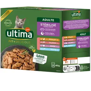 Ultima Stérilisé 8 x 85 g pour chat - lot mixte I (poulet, dinde, saumon, truite) pas cher