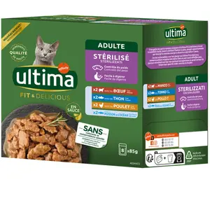 Ultima Stérilisé 8 x 85 g pour chat - lot mixte II (poulet, boeuf, thon, poisson de mer) pas cher